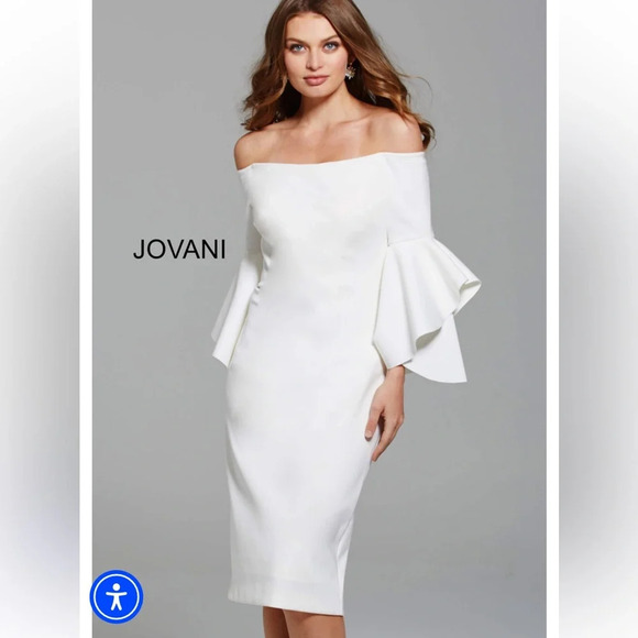 Jovani Navy Black Off the Shoulder Bell Sleeve Midi Dress with Slit Size 6 $690 - Picture 9 of 9